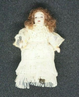 Antique Miniature Jointed Bisque Doll W/ Lace Gown 2 "