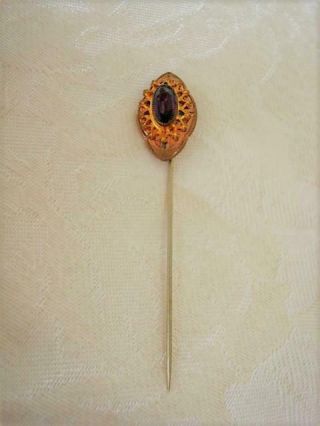 Antique Victorian Lapel Stick Pin With Purple Amethyst Color Stone