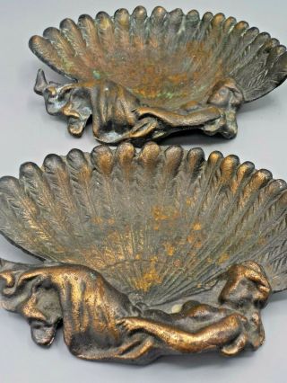 2 Antique Art Nouveau Fan Dancer Risque Ash Trays Nude Pin Dish Copper Metal