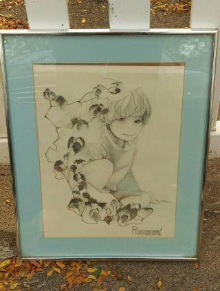 Vintage Christine Rosamond Garden Child Matted Print Framed Under Glass 16 " X20 "