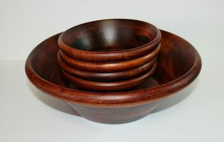 Vintage 5 Pc Set Pomerantz Four Walnut Wood Salad Bowls W One Large Serving Bowl