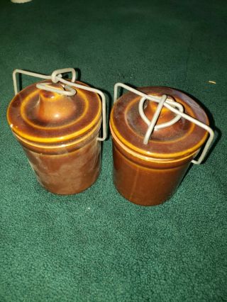 Vintage Brown Cheese Crock Jar With Lid And Wire Bale - Set Of 2 - 12oz.