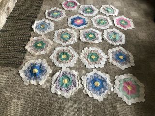Vintage Quilt Blocks (18) Flower Garden Pattern ‘30’s Fabric 13”across