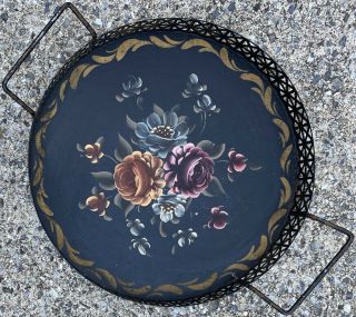 Vintage Tole Tray Floral Hand Painted Large 12 " Round Metal W Handles Mesh Sides