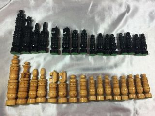 32pc Ornate Asian Style Carved Wood Chess Set No Board King Is 5 3/4 " Tall