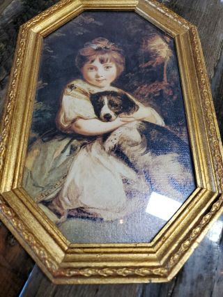 Vintage Victorian Girl With Dog Print Gold Gilt Frame Made In Italy