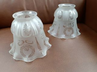 Set Of 2 Antique Lamp Shade Art Nouveau Etched Ruffled Frosted Glass