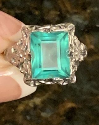 Antique Art Deco Uncas Signed Sterling Silver Ring Green Glass Emerald Cut Stone