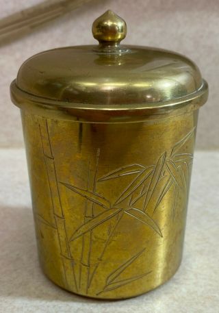 Vintage Brass Bamboo Tree Engraved Tea Caddy Lidded Trinket Jar Container