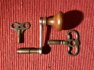 2 Vintage Antique Clock Winding Keys And 1 Crank Style Winder With Wooden Knob