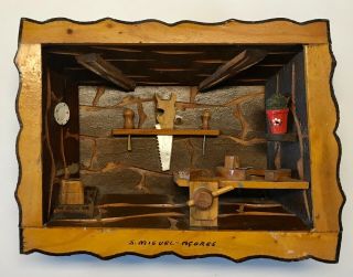 Vintage Hand Carved Wood Work Shop Tools Folk Art Diorama 3 - D Shadowbox Portugal