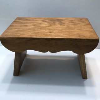 Vintage Small Oak Wooden Stool Scalloped 12”x6”x7.  5” Tall