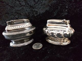 2 Antique Silver Plate Ronson " Crown " And " Queen Anne " Table Top Lighters