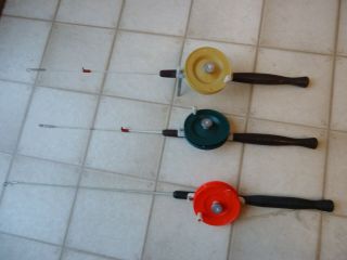 3 Vintage Ice Fishing Poles/rods With Plastic Schooley Reels