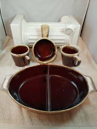 Vintage Mccoy Brown Drip Coffee Cups (2),  7050 Soup Bowl & 1835 Divided Dish