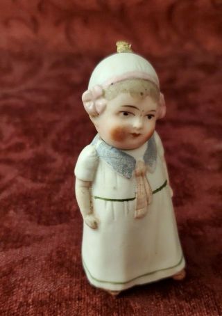 Vintage/antique All Bisque Nodder 10432 Girl Molded Bonnet Rosy Cheeks 3 1/4in.