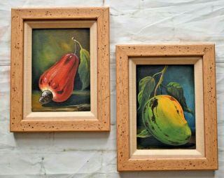 Pair Vintage 70s Framed Acrylic Paintings Fruit Vegetable Still Life 7.  5 " X 9.  5 "
