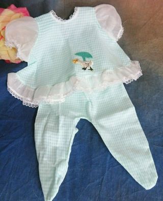 Vintage Vogue Tagged Doll Clothes Pajama Set Green White Embroidered Duck 18 - 20 "