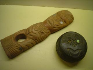 2 Vintage Hand Carved Wood Wooden Maori Figure And Lidded Box -
