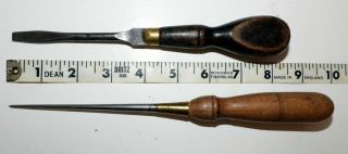 1 Antique Vintage Wood Handle Awl Leather Tool And Vintage Screwdriver