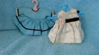 Vintage Vogue Ginny Doll Clothes Tagged Aqua & White Brocade Dresses Hangers