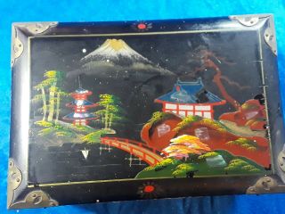 Vintage Antique Japanese Jewelry Box Black Lacquer And Gorgeous Artwork.  Sweet