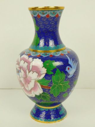 8 Inch Antique Chinese Cloisonne Copper Enamel Blue Vase Birds Pink Blue Flower