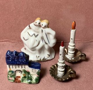 Set Of Vintage Dollhouse Miniature Staffordshire Figures & Brass Candleholders