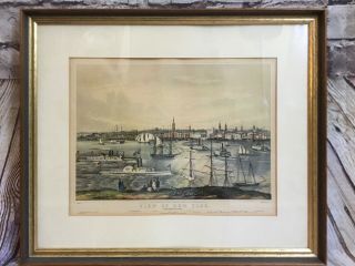Vintage View Of York From Brooklyn Heights Print Framed Matted N.  Currier