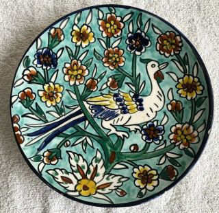 Vintage 1960s Israel Jerusalem Armenian Pottery Plate Hand Painted Bird Flower