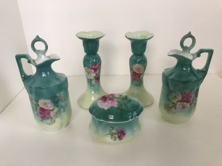 Antique Porcelain Dresser Vanity 5 Piece Set Teal Roses? Peonies?