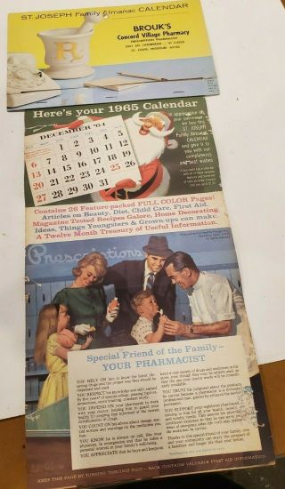 Vintage Antique Advertising Calendar 1965 Drug Store St Joseph Aspirin Brouk’s