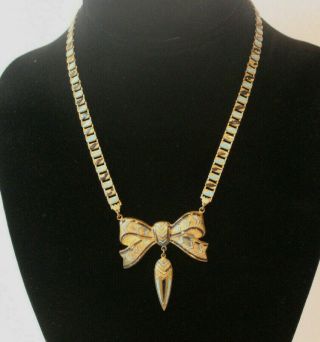 Antique Art Deco Painted Brass Flat Bookchain Necklace W/ Bow Drop Necklace 16 "
