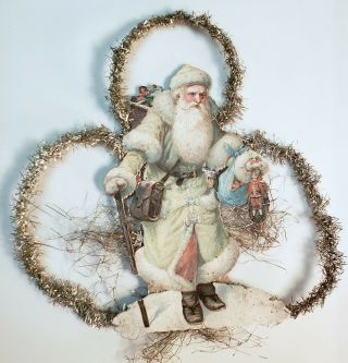 Victorian Antique Diecut Scrap Christmas Ornament Belsnickle Santa In White Coat