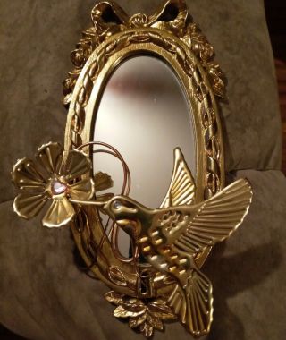 Vintage Small Gold Oval Wall Mirror W Gold Metal Hummingbird & Flower,  Bows Ooak