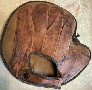 Antique Vintage Baseball Catcher Mitt Glove Lace Up Insert Button Strap Canvas
