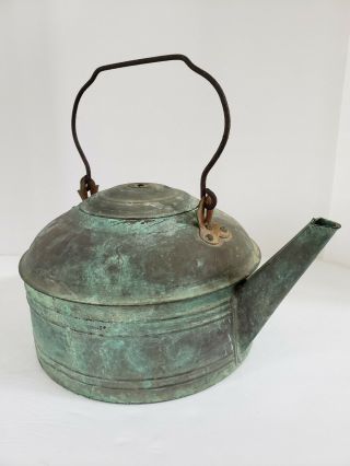 Vintage Large Copper Kettle Tea Pot Antique Planter Decoration Oxidized Teal