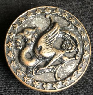 Antique Large (1 1/2”) Victorian Vintage Metal Shank Button With Griffin Design