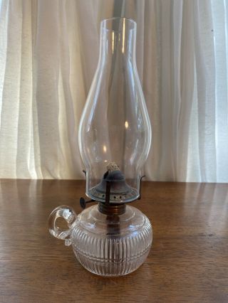 Antique Eapg Clear Glass Finger Oil Lamp Fine Ribbed Pattern Miller Victor Burn