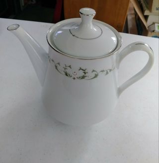 Vintage Sheffield Fine China Elegance Tea Pot White With Silver & Green Trim