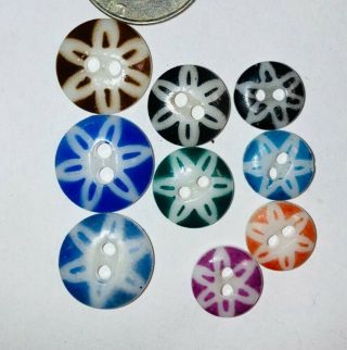 Set Of 9 Stencil Calico China Buttons One Pattern,  Varied Sizes Colors.