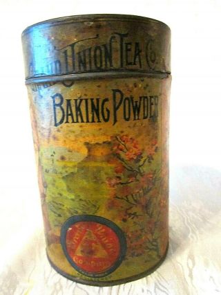 Rare Antique Grand Union Tea Company Tin Metal & Paper Baking Powder Can