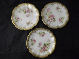 3 Antique Ls&s Lewis Straus & Sons Limoges France Gold Pink 6 " Plates