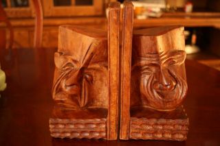 Vintage Hand Carved Solid Wood Classic Mask Bookends From Philippines