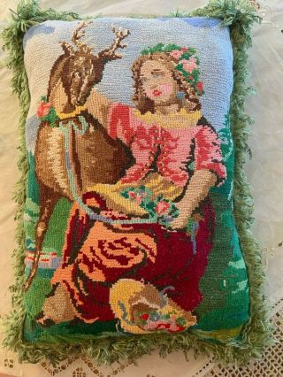 Vintage Needlepoint Hand Made Girl With Deer Throw Pillow.  Festive And Colorful