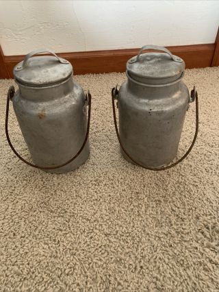 2 Antique Vintage Metal Tin Milk Can Pail Container With Lid And Handle
