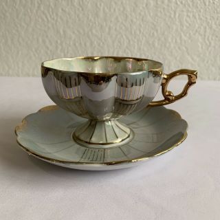 Vintage Royal Sealy Tea Cup & Saucer Iridescent Green Gold Scalloped Set