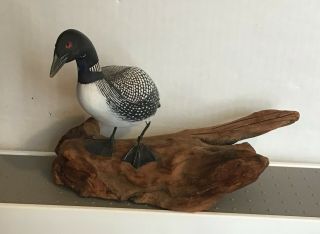 Vintage Wooden Hand Carved Artist Signed Black White Goose Bird Duck