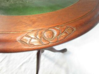 Vintage Round Walnut Table with green leather and carved top 2