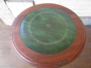 Vintage Round Walnut Table with green leather and carved top 3